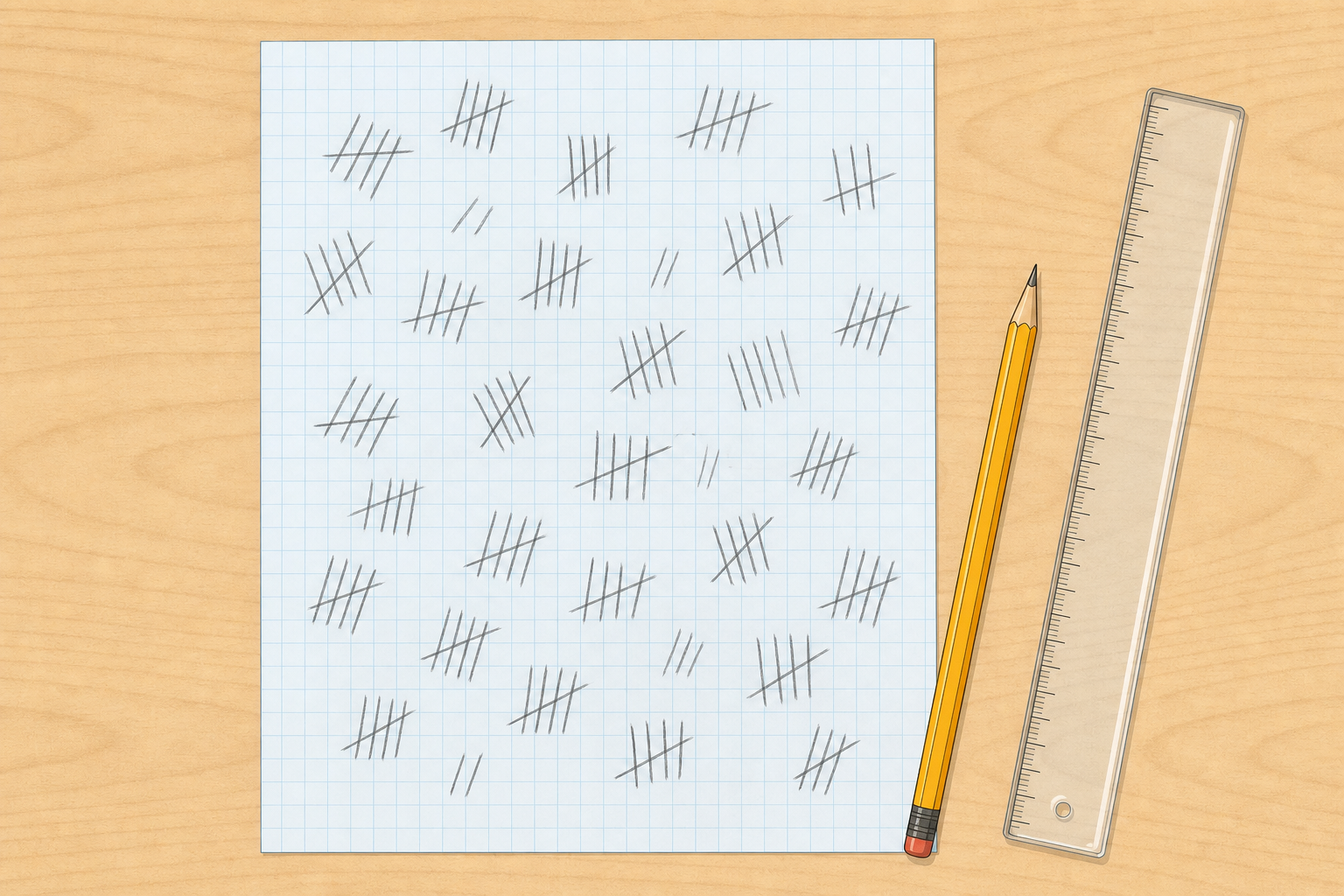 Raw jumbled tally marks on squared paper: the dataset before organising