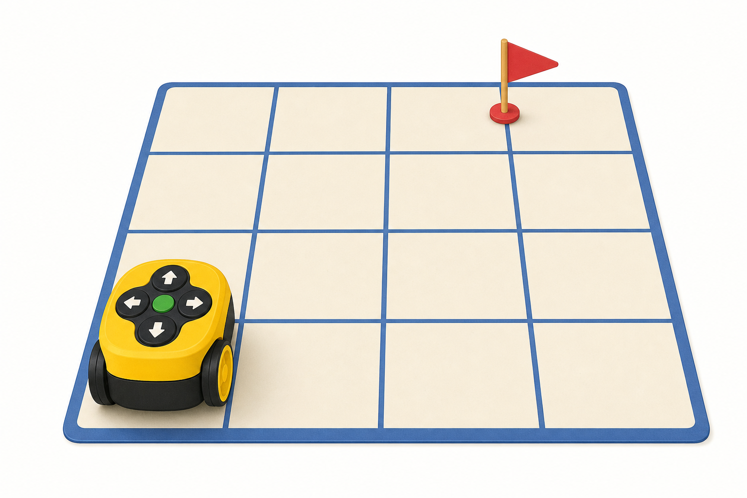The robot stuck on its start square with the flag waiting across the mat