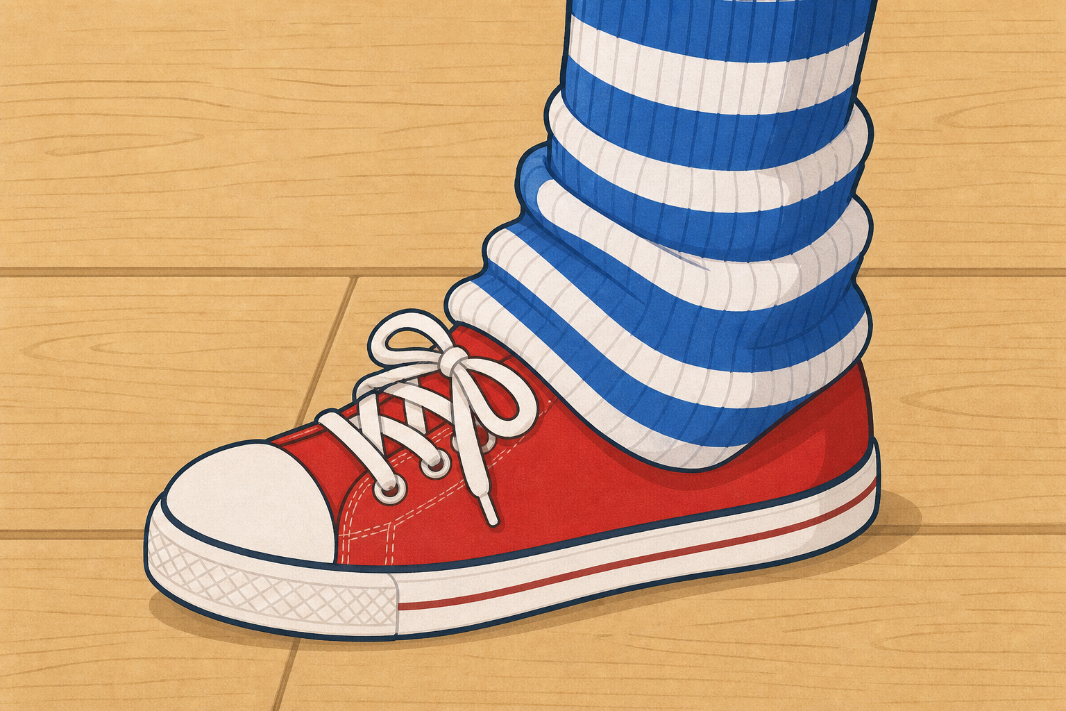 The silly result of the wrong step: sock pulled over the shoe