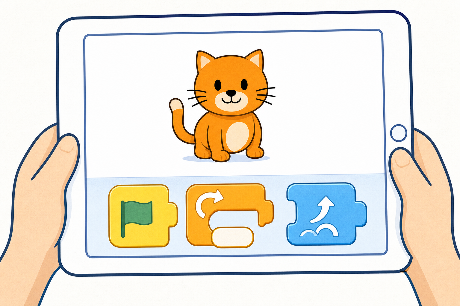 The ScratchJr screen and its coding blocks, the thing the class will handle today