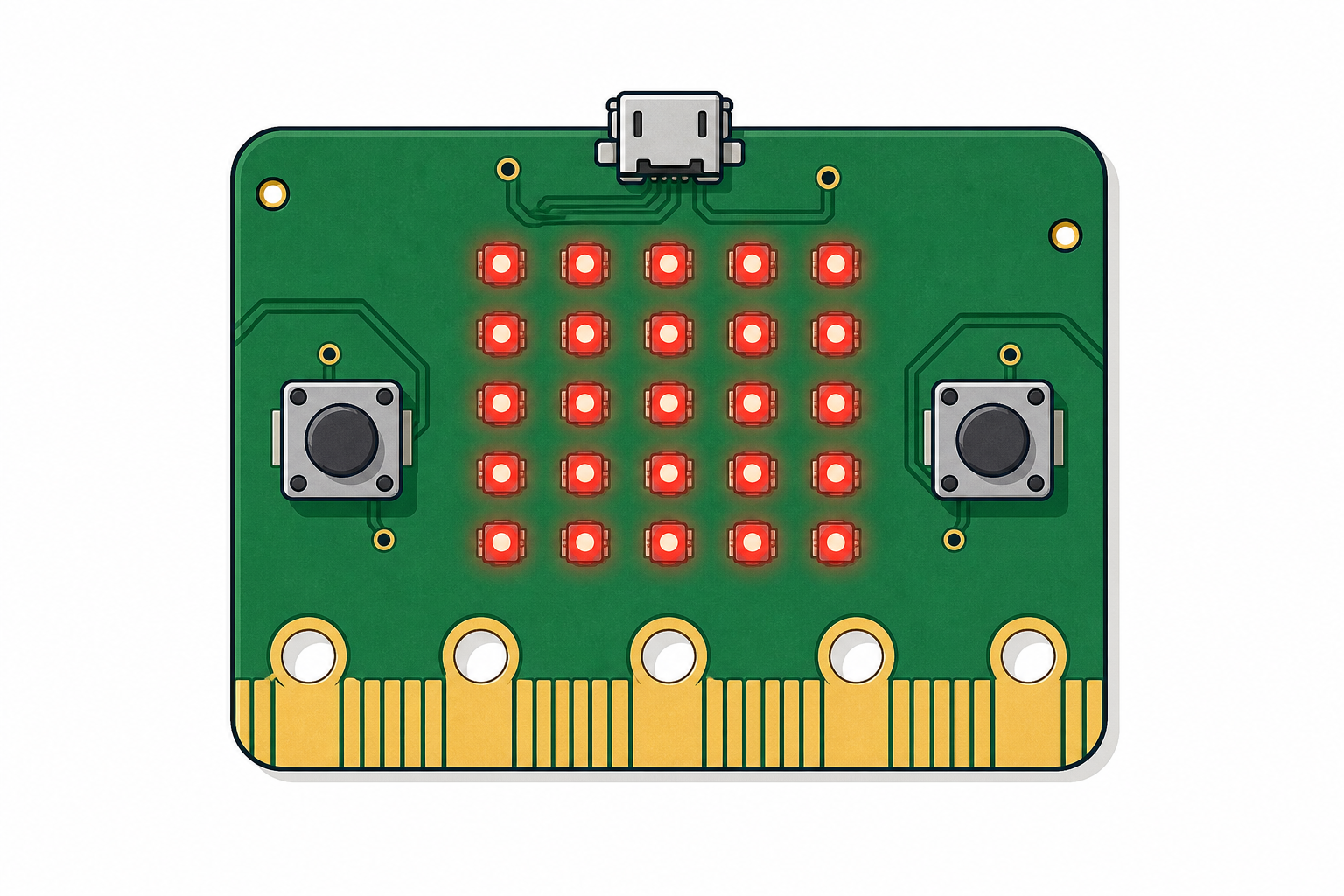 The micro:bit itself with every LED glowing, the device the class will program