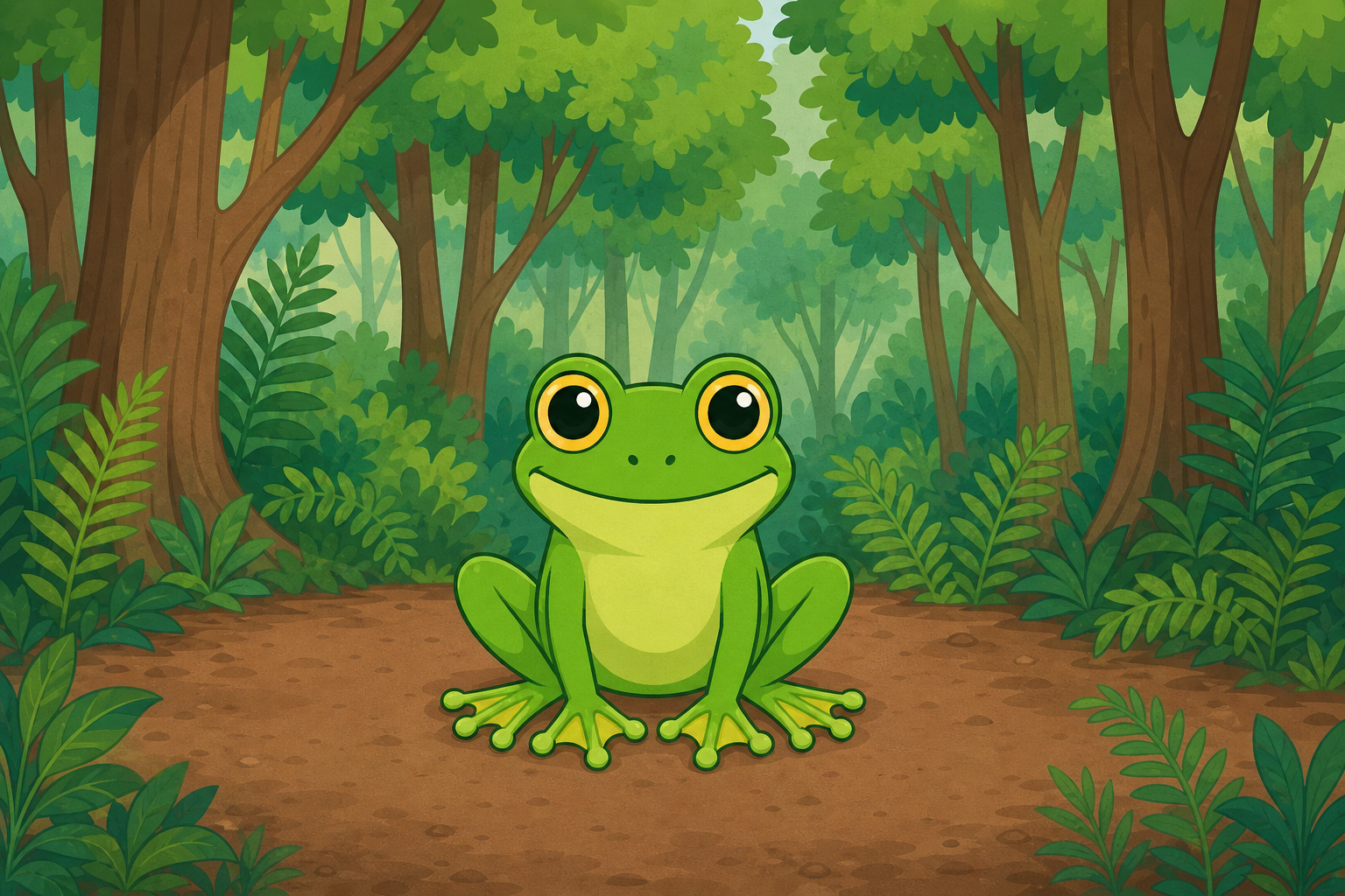 The finished game scene: the frog on the forest stage children will build