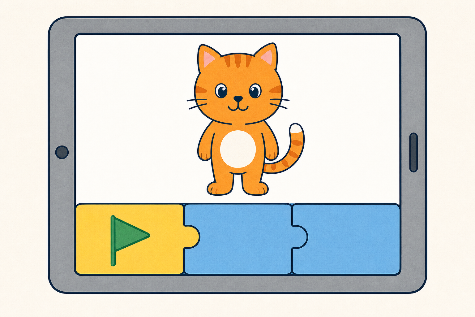 The tablet, cat character and blocks the class will use today