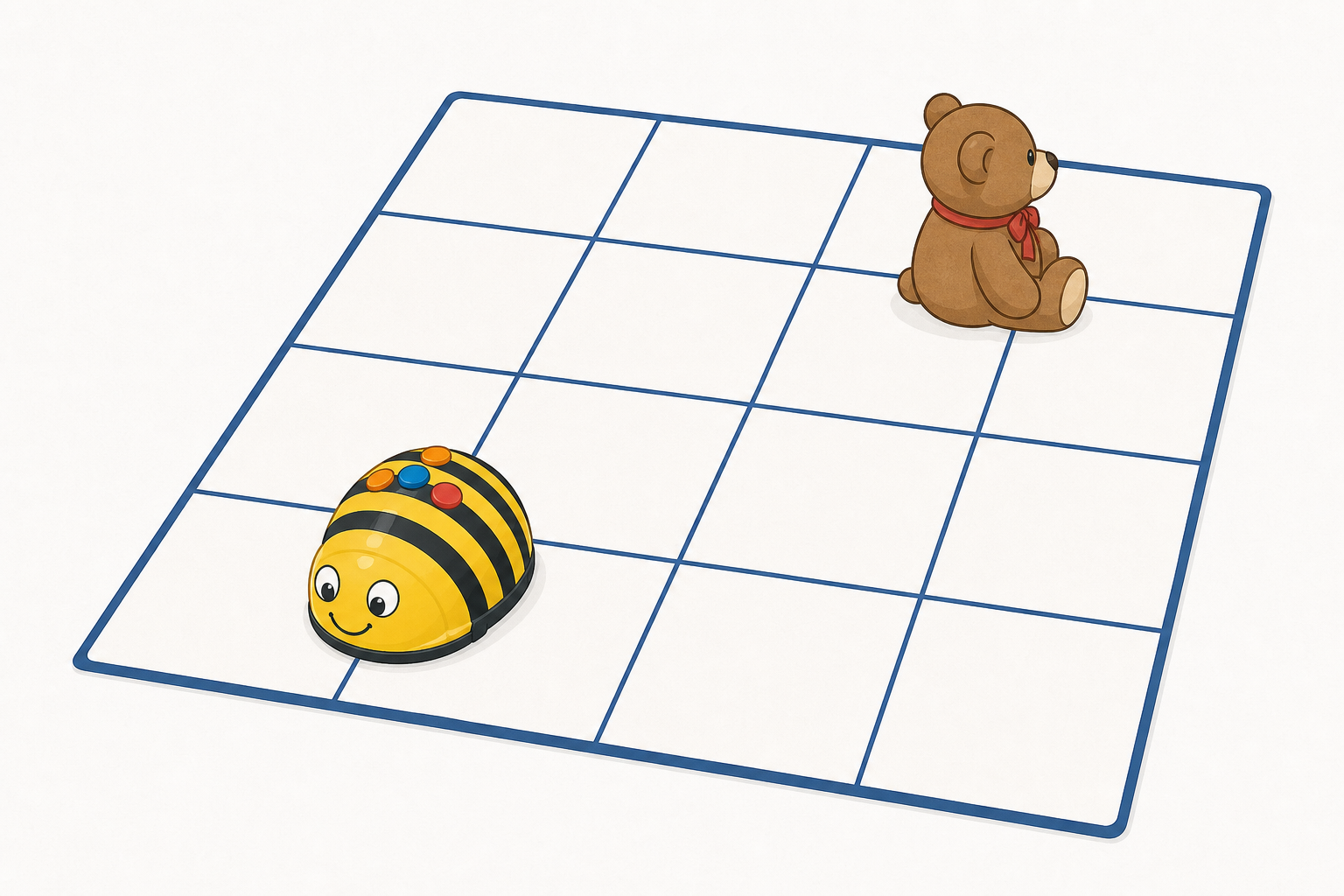 Robot stops on the wrong square, facing away from teddy: the miss