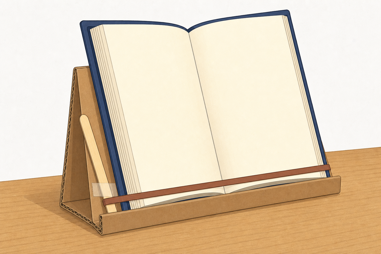 The real object the lesson designs: a book held upright, hands free