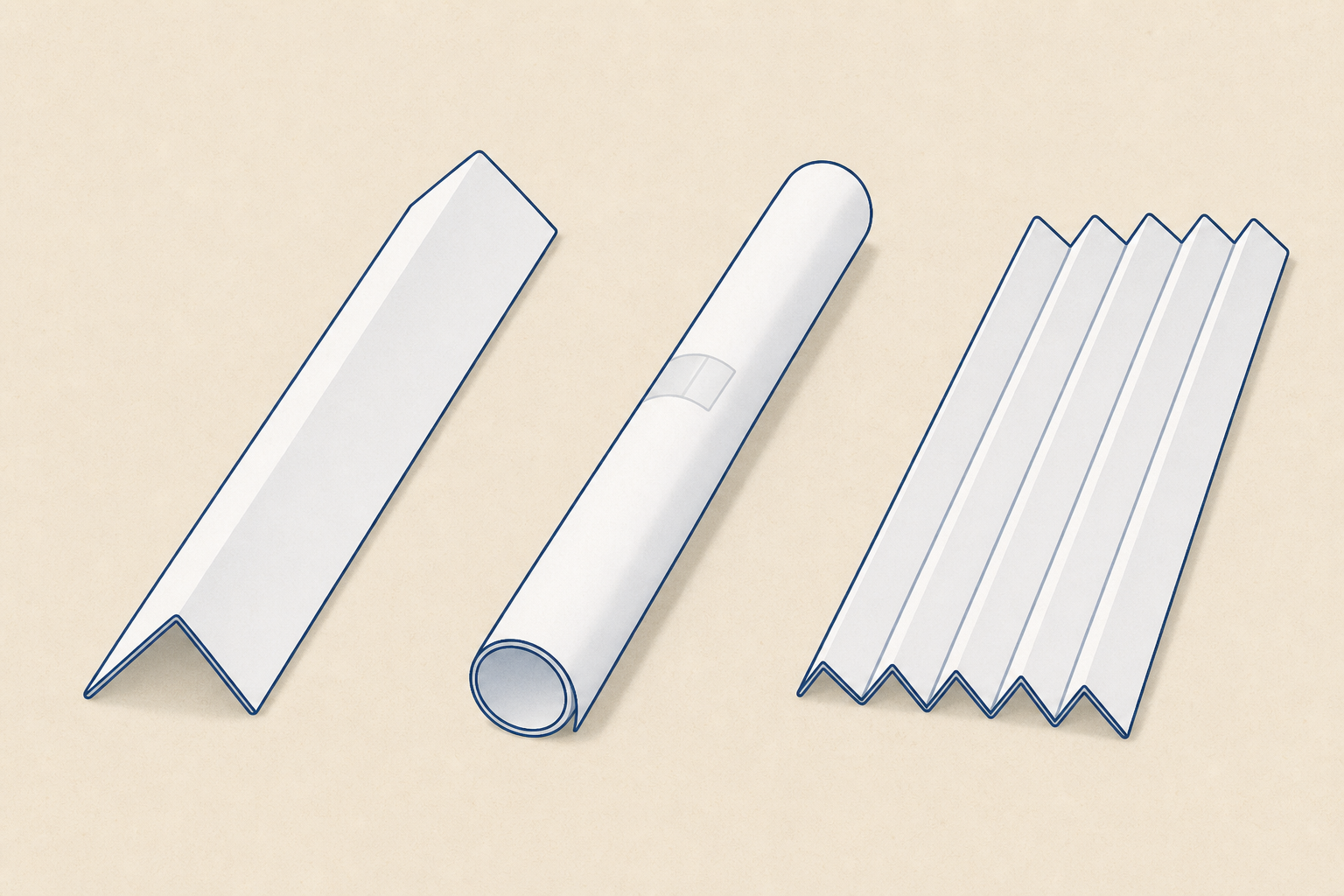 The three stiffening shapes side by side, made from identical paper