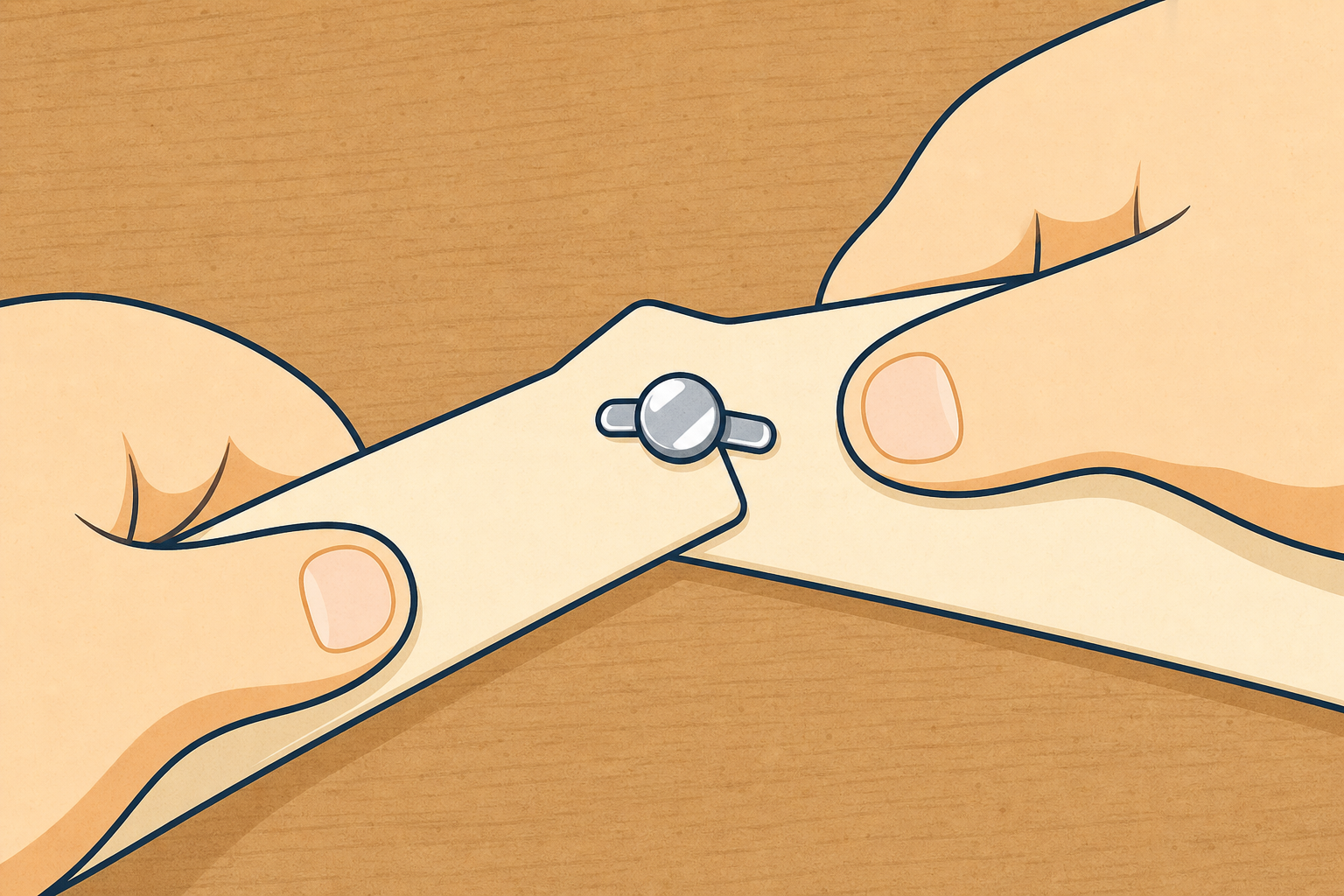 Close-up of joining two card strips with a split pin