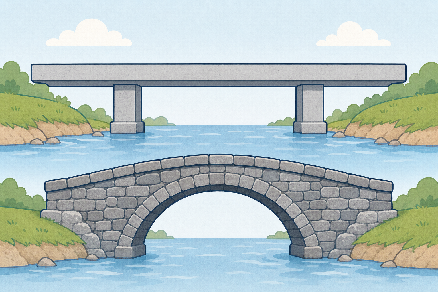 The two real bridge shapes the lesson compares: flat deck and stone arch