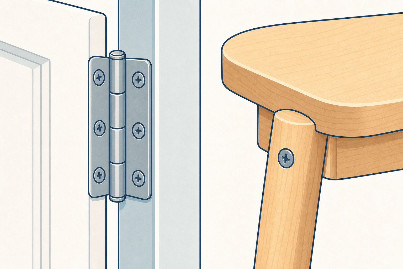 Real door hinge and chair leg joint, the two joins the lesson compares
