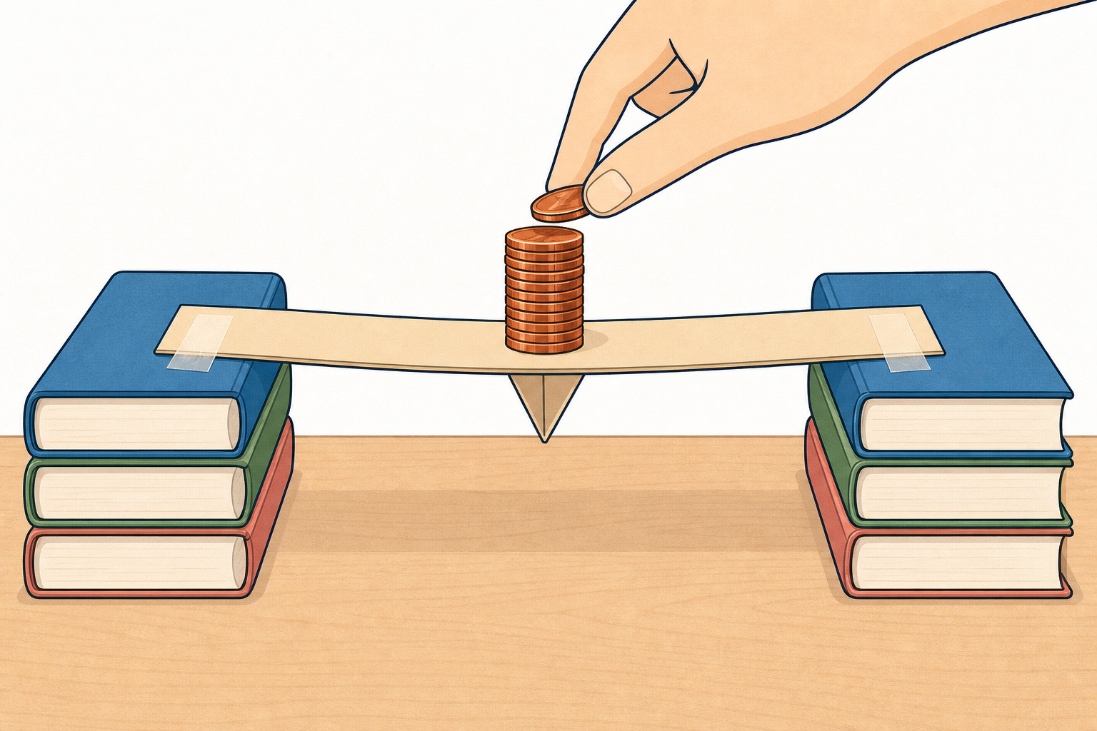 Coins stacked one at a time at the middle of a span until it sags