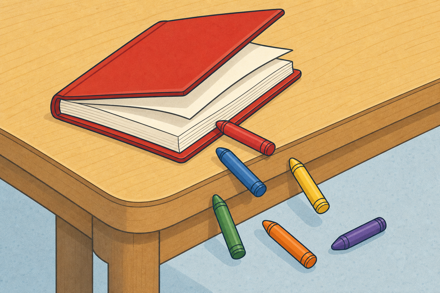The wobbly open book and spilled crayons that need a helper today