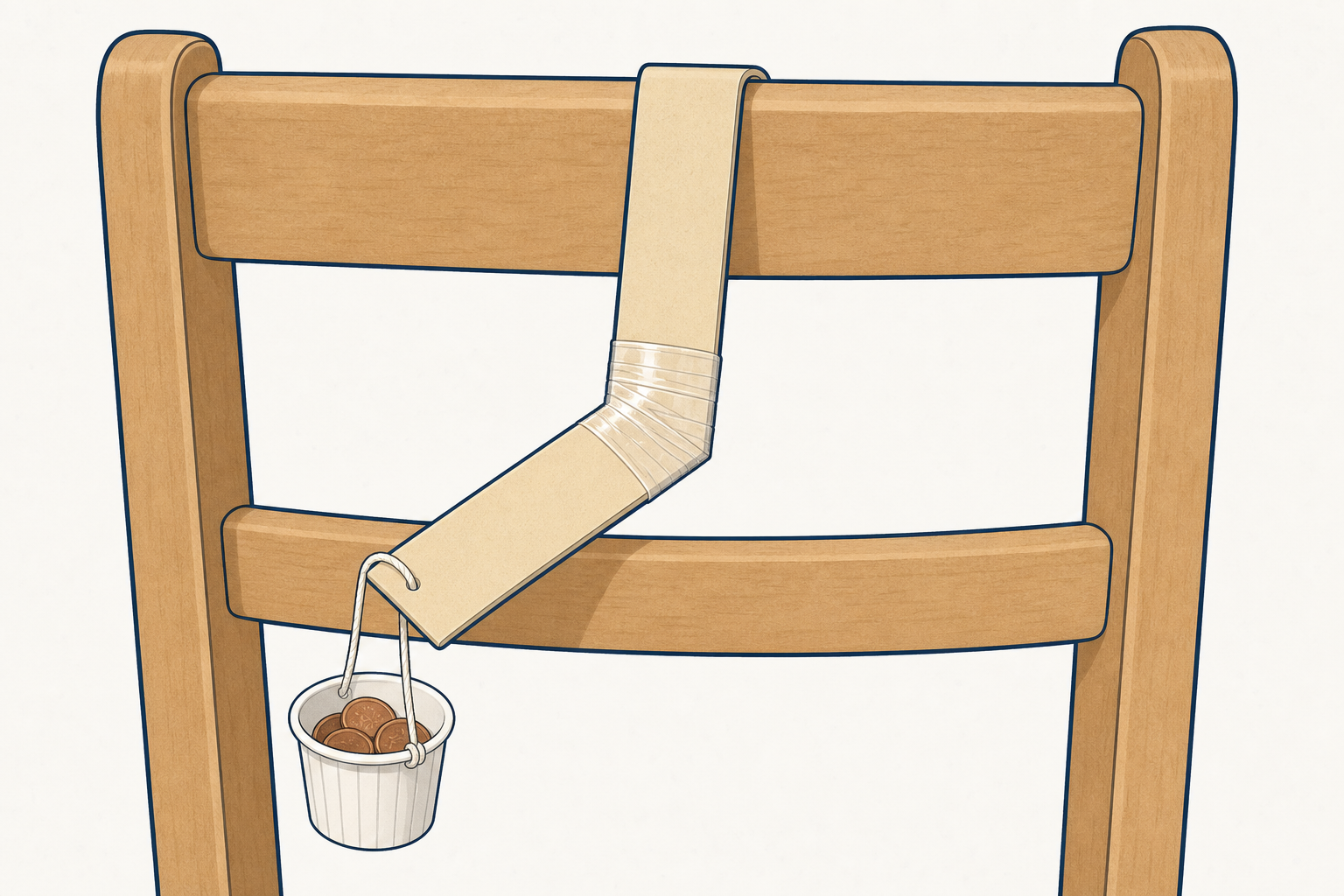 How the loading rig hangs: join in mid-air, cup of coins below