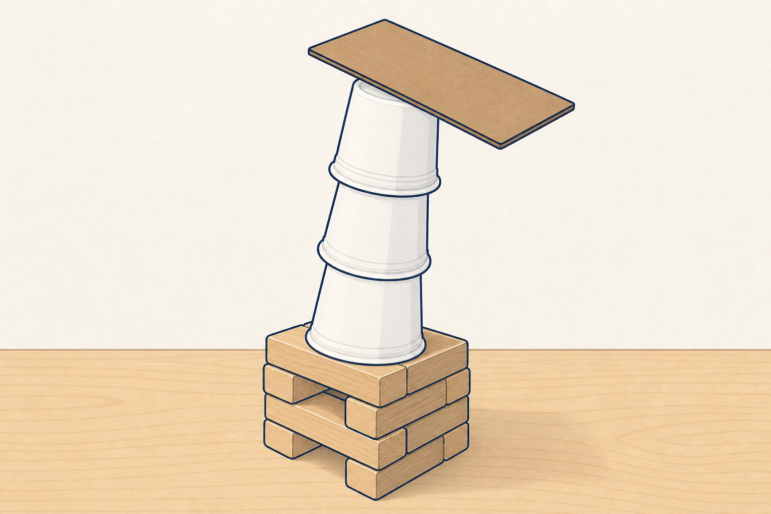 A wobbling tower of blocks, cups and card: the lesson's problem, shown close
