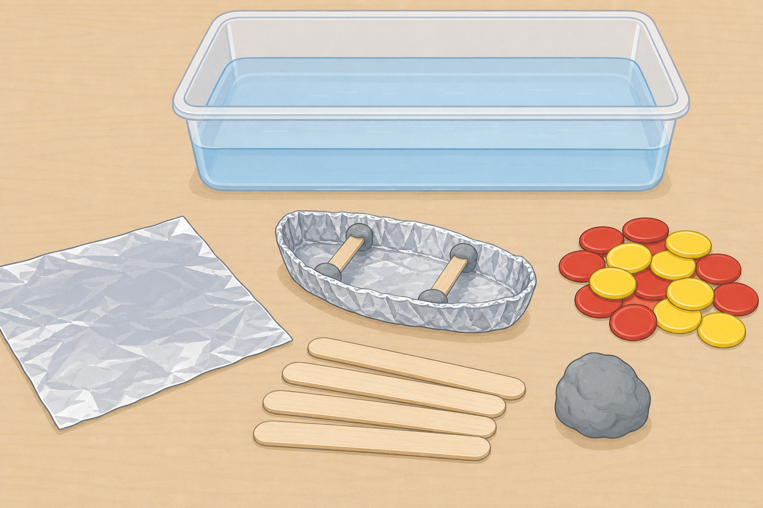 The materials and water tray the class will use, shown plainly and close