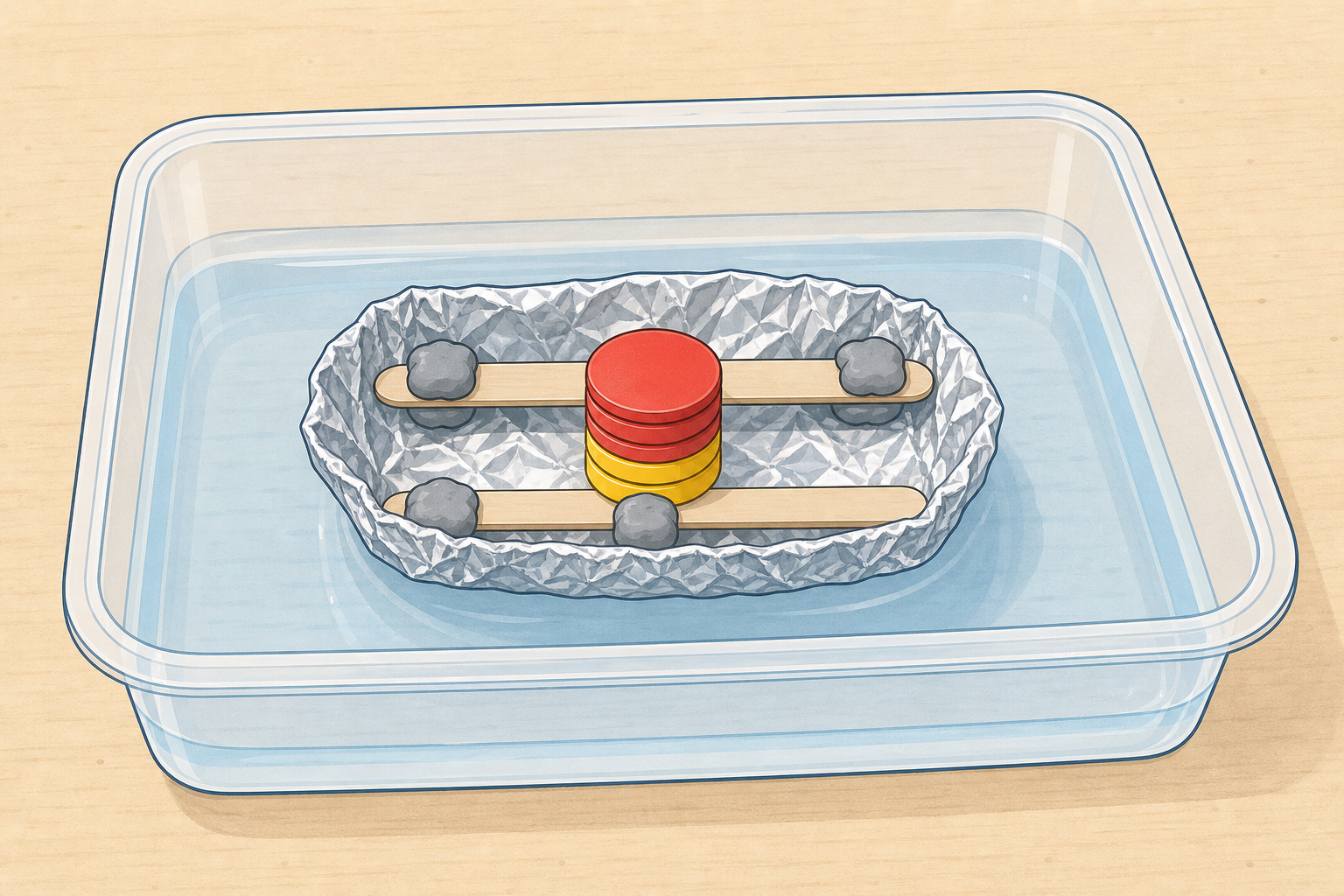 The boat floating in the tray with counters loaded in the middle