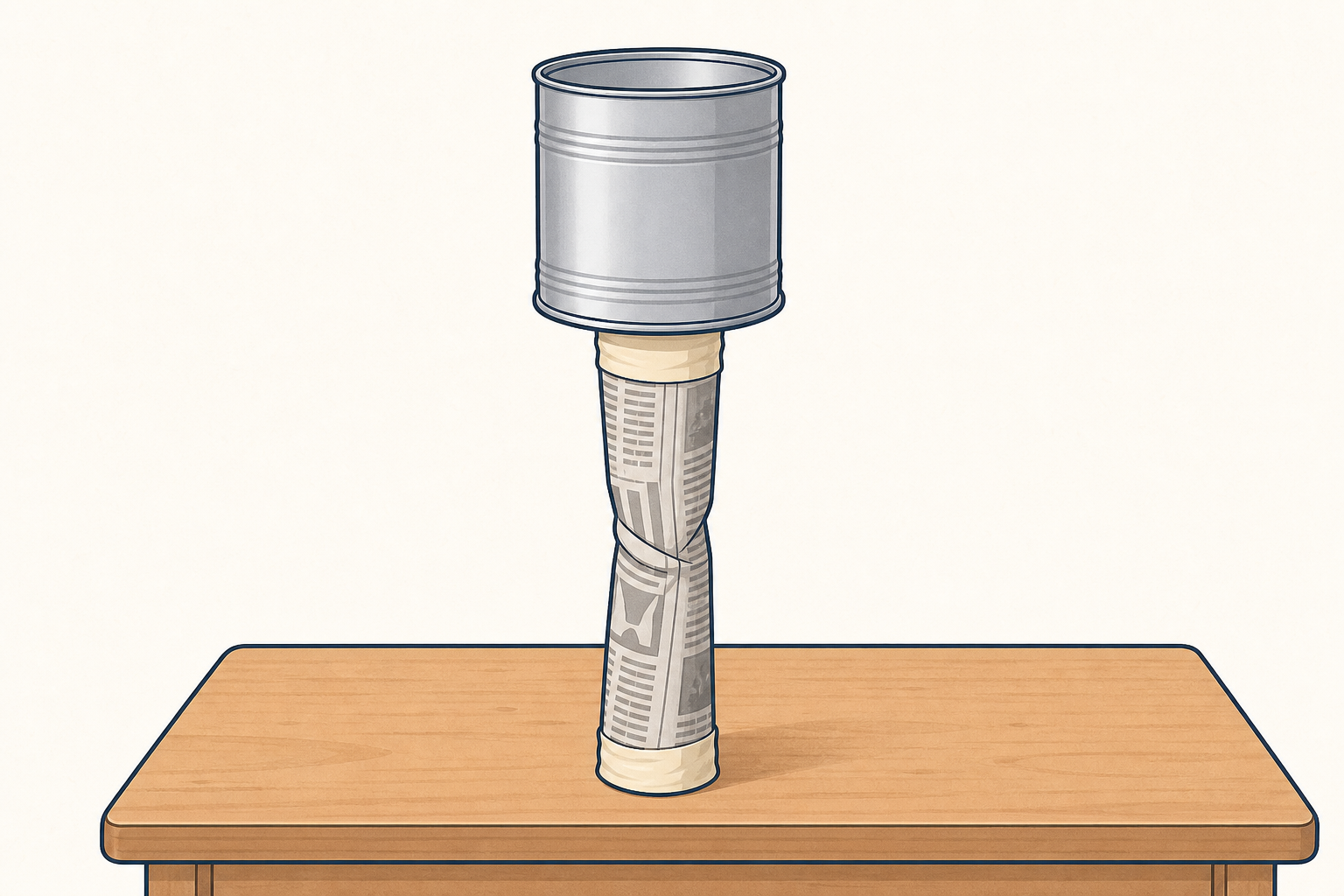 Single newspaper tube under a tin, folding at its middle: the failure spot