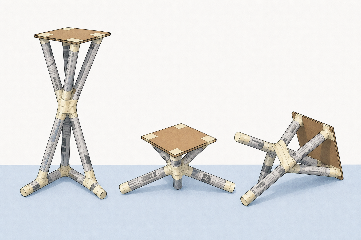 Three identical towers failing in the three different ways named
