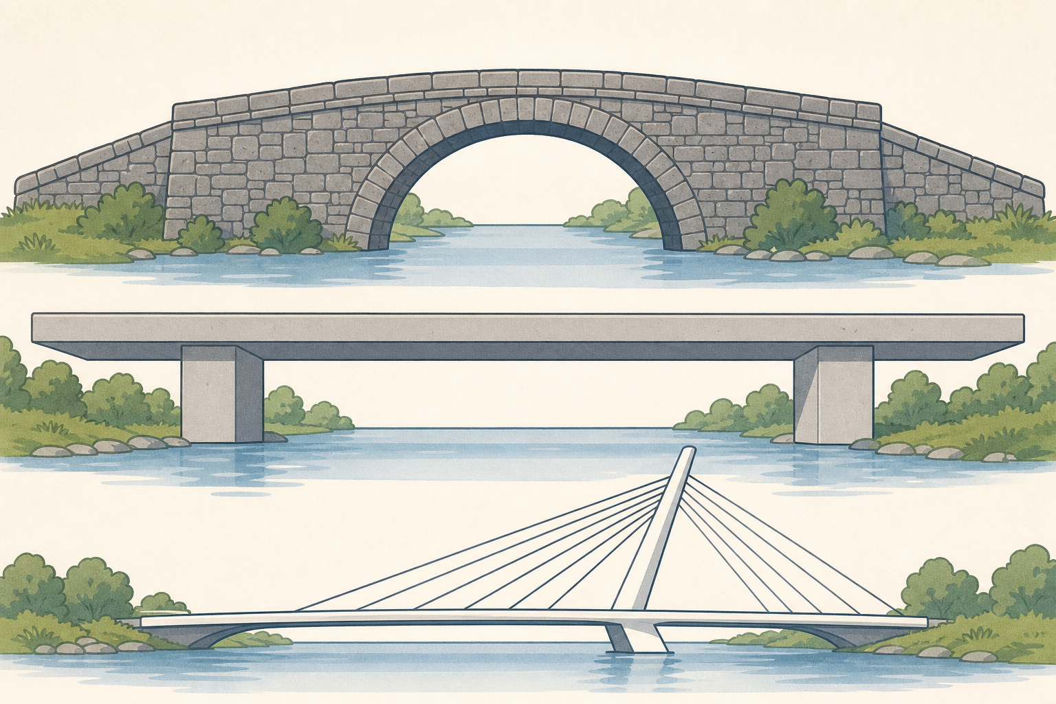 Three real bridge forms: stone arch, flat beam, cable-stayed, posing the shape question