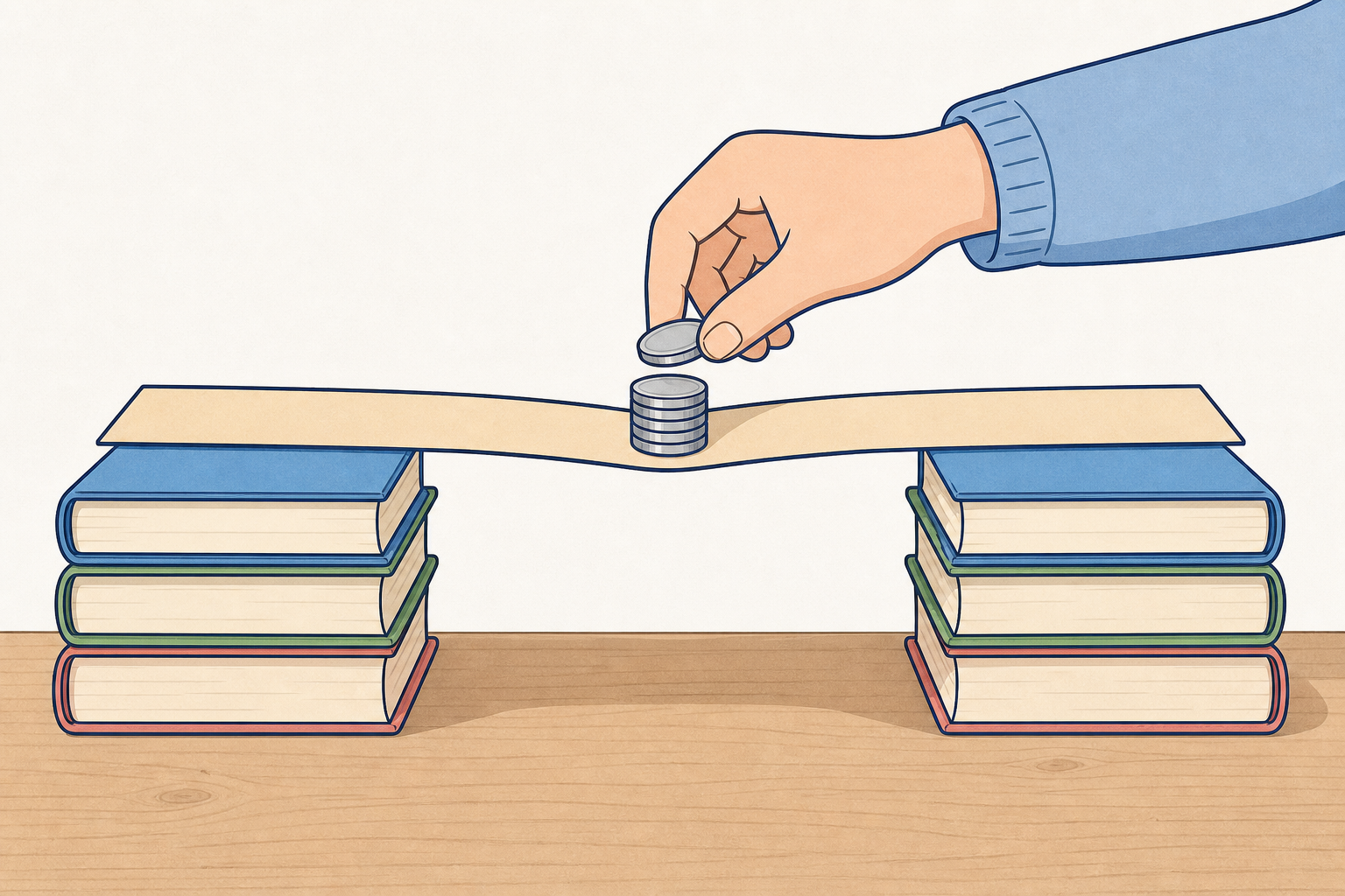 The loading test set-up: coins placed centrally on a sagging span