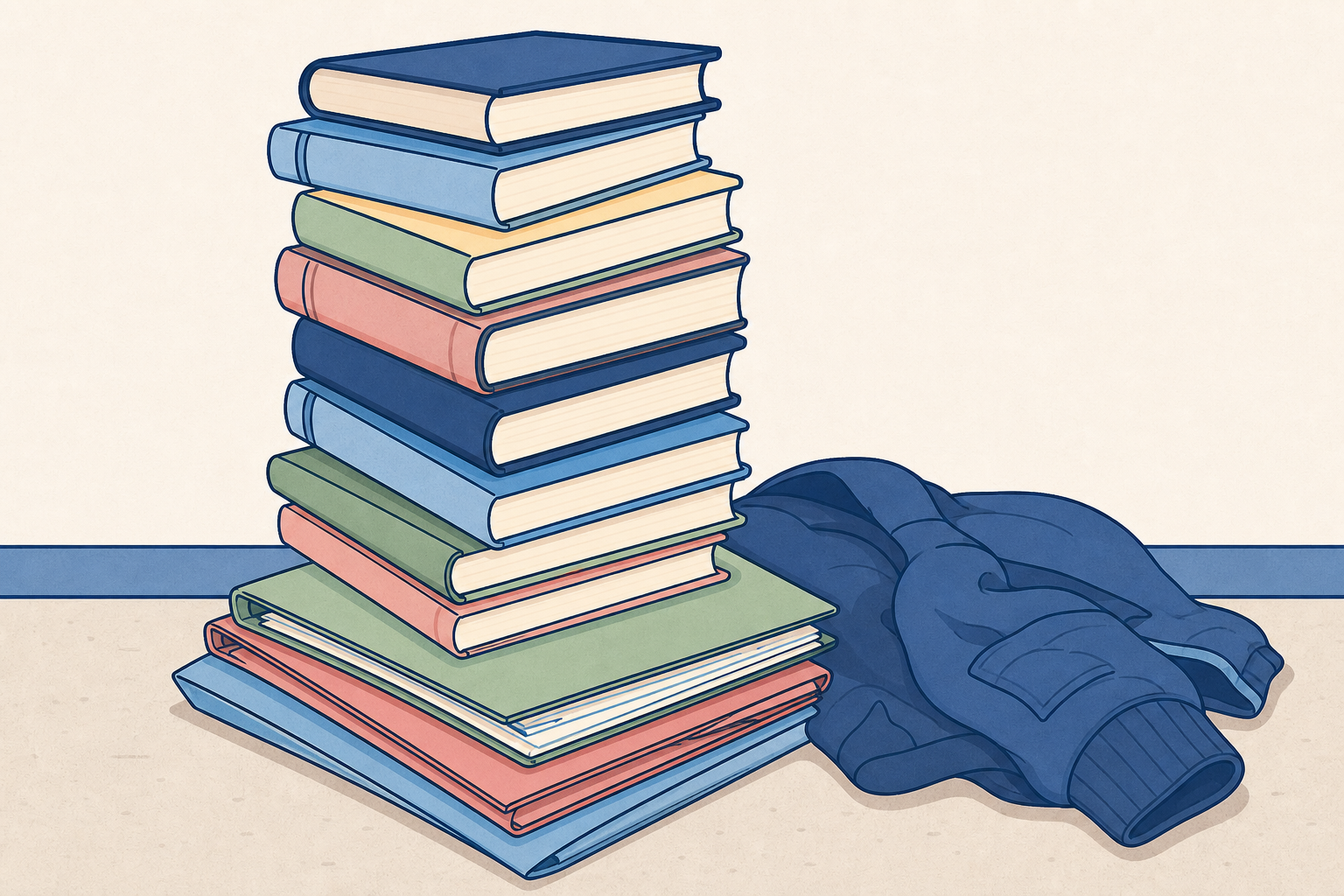 The real problem: books piled on the floor with no shelf to hold them