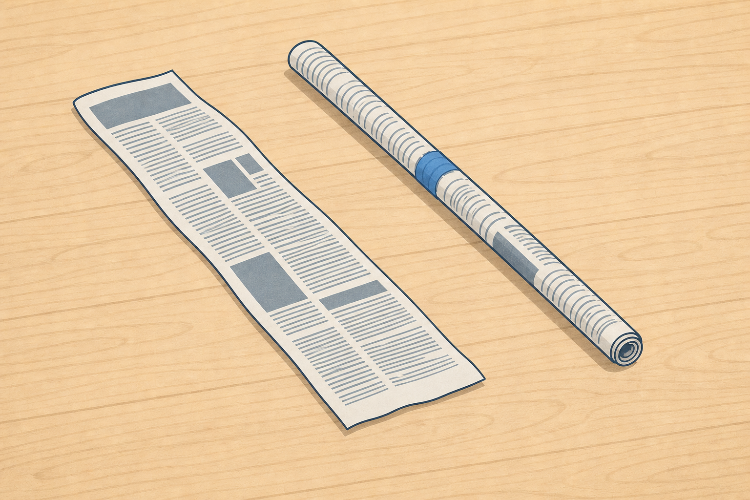 Flat strip beside rolled tube, the shape comparison children must judge