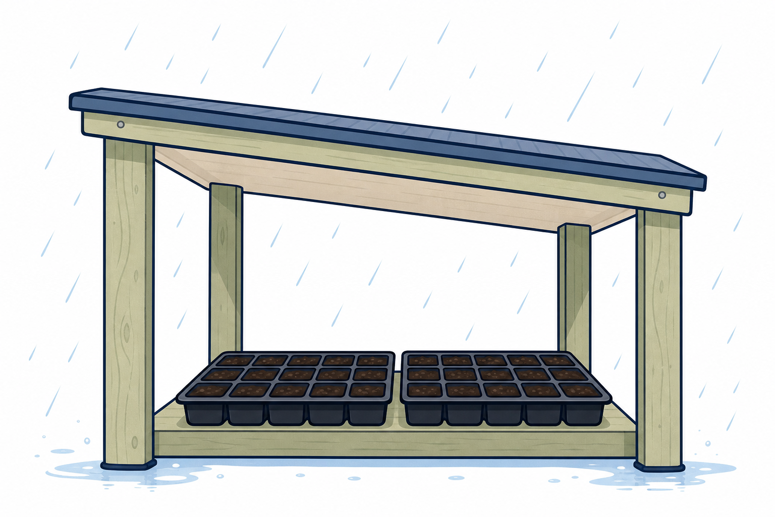 The build the brief describes: a small shelter over seed trays