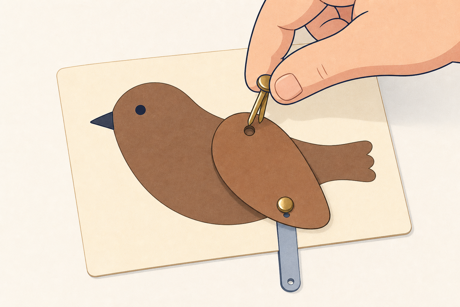 First build stage: wing pinned to bird body so it can swing