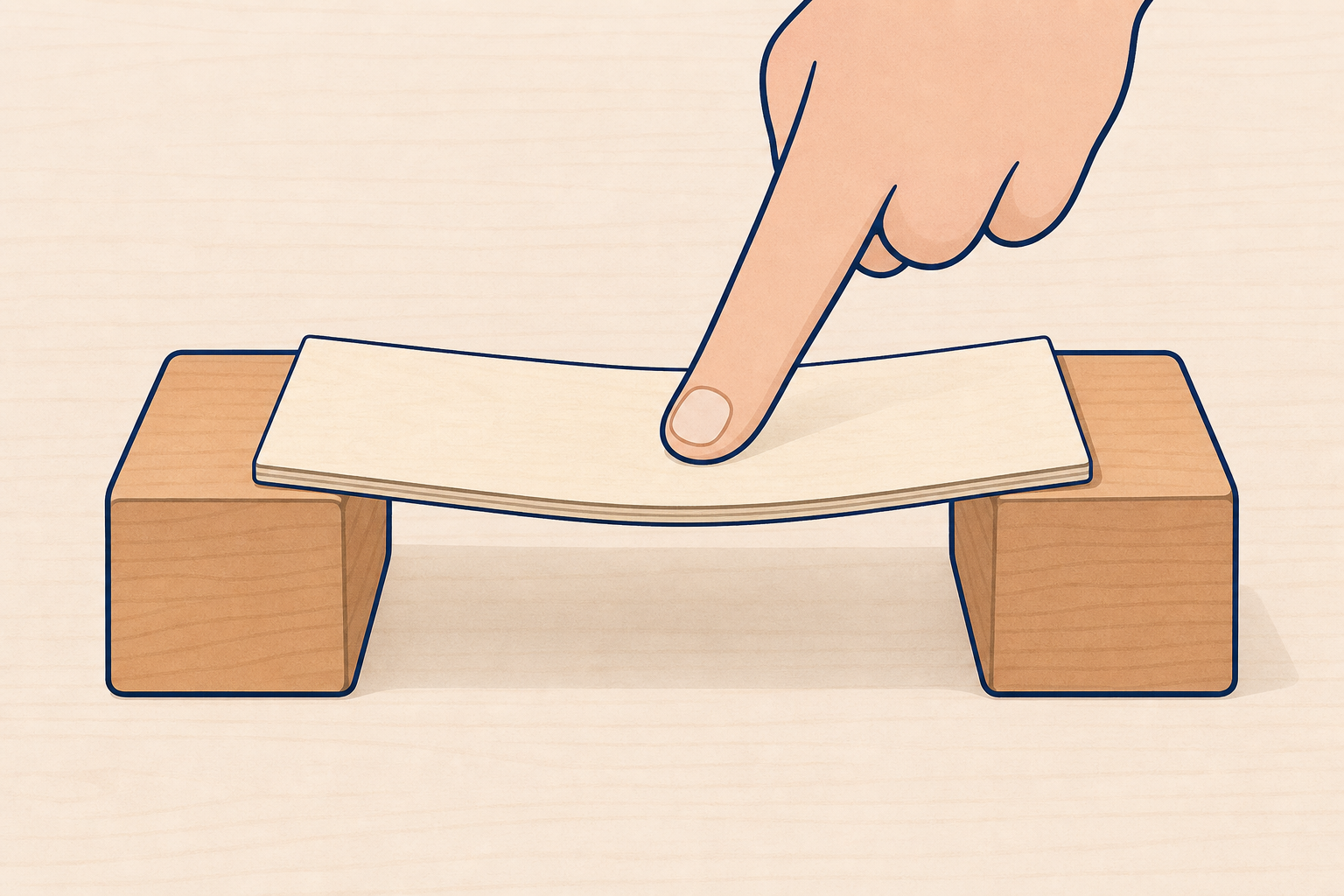 Bend test set-up: sample bridging two blocks, pressed in middle