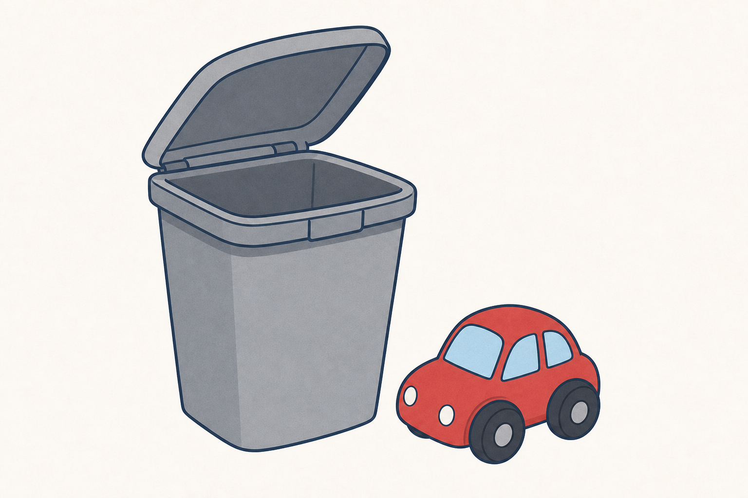 Everyday classroom things with moving parts: a hinged bin lid and toy car wheels