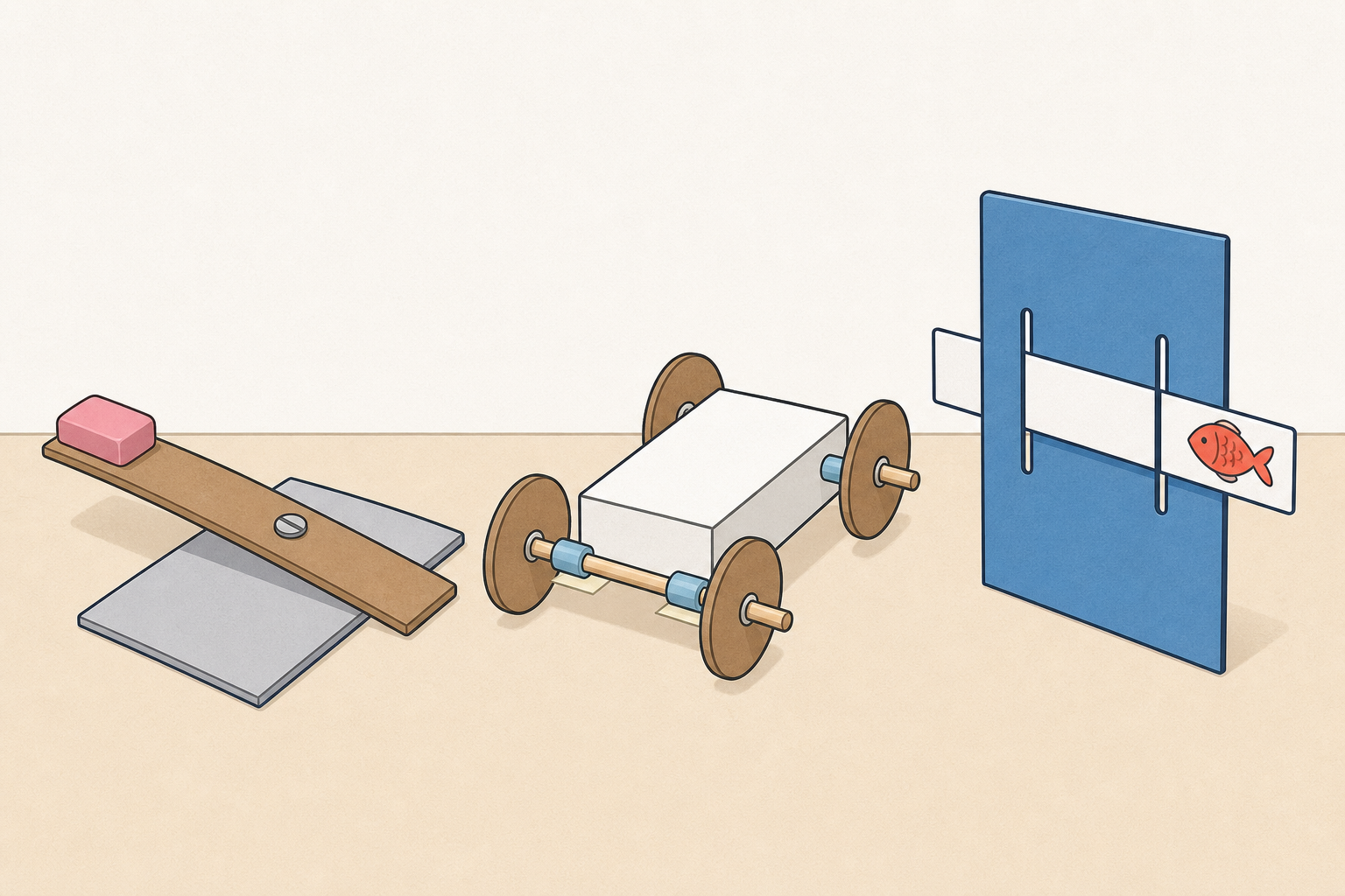 The three ideas together so children see lift, roll and slide compared