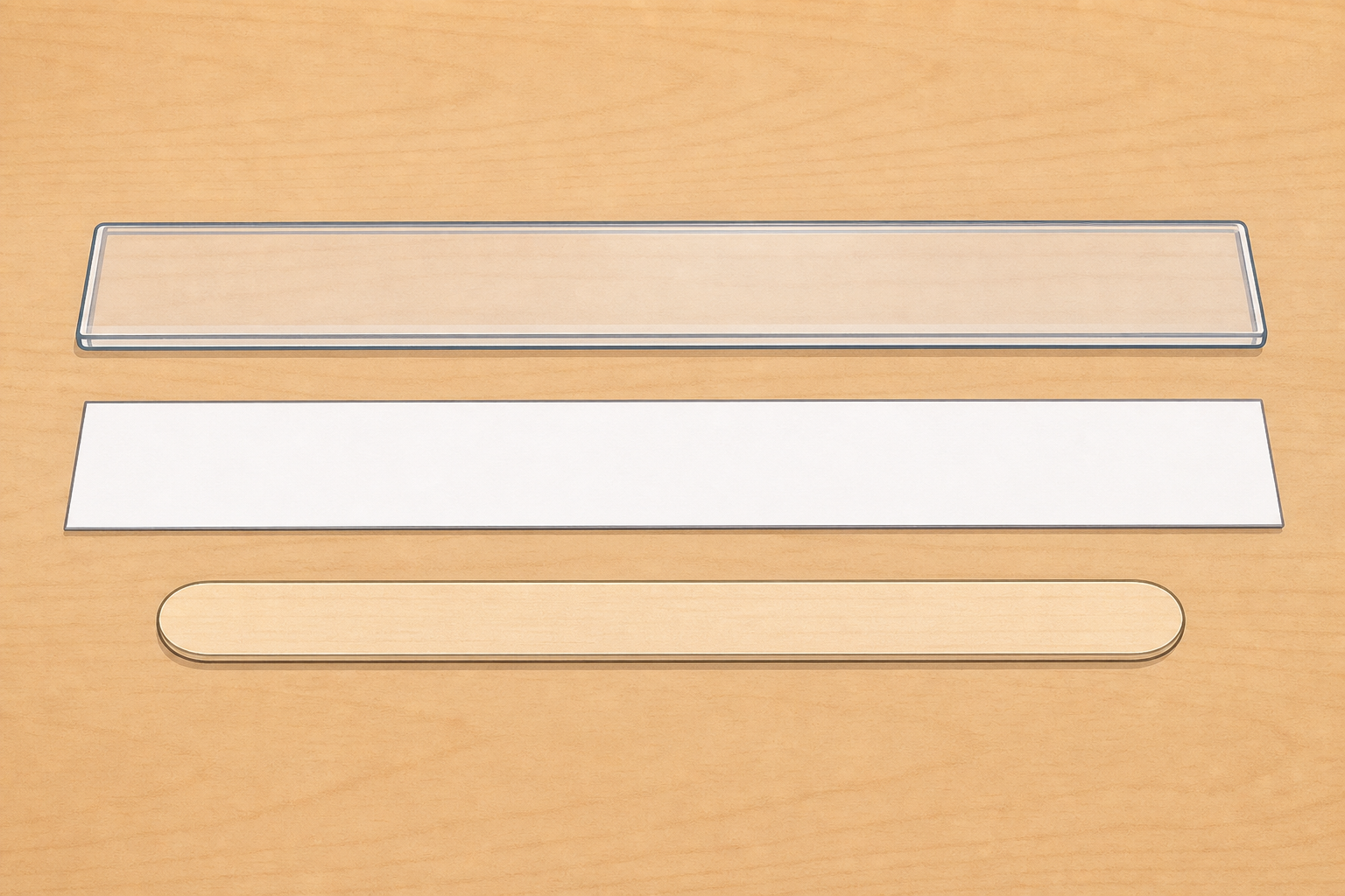 The three test materials the groups will bend, laid out together