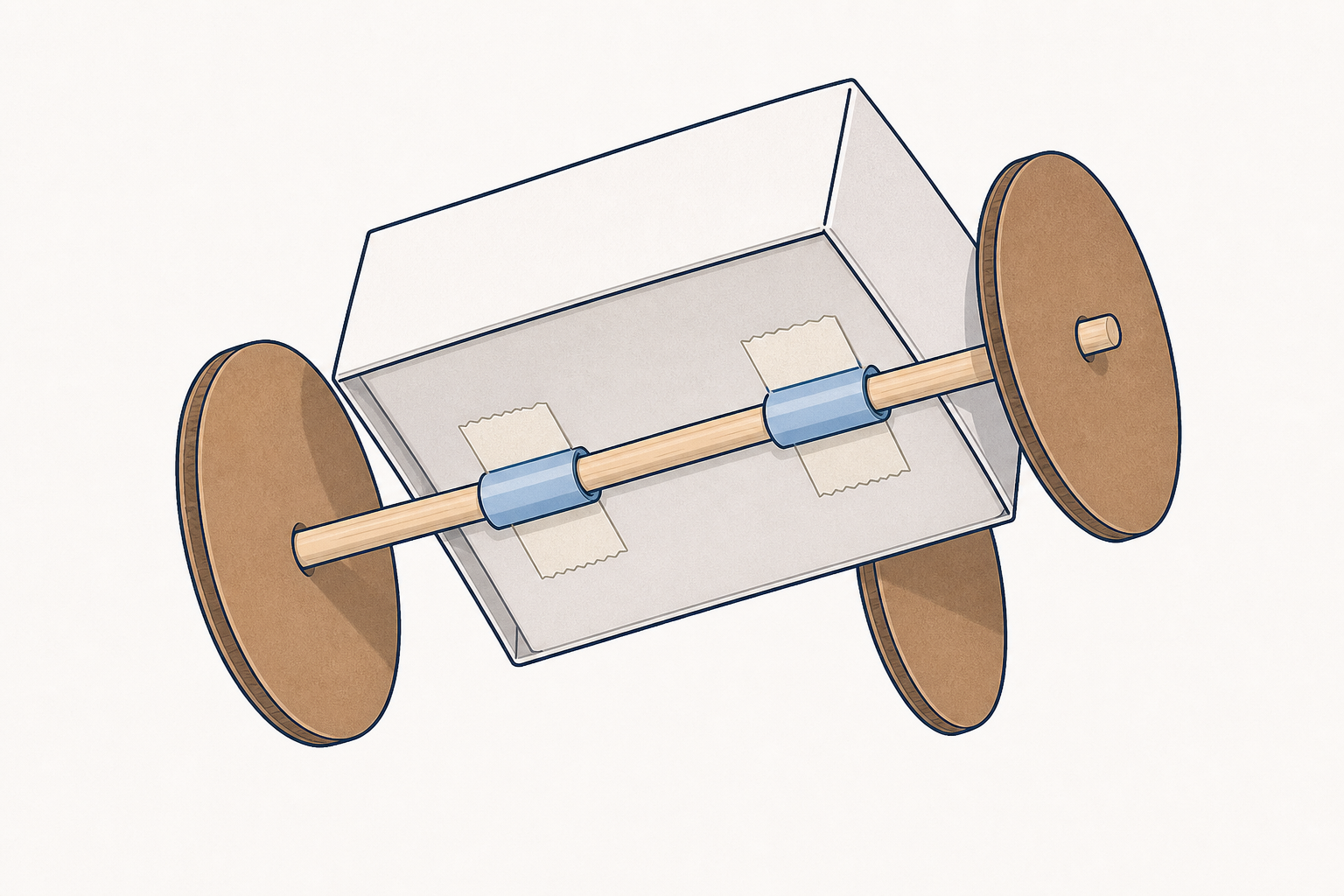 Close view of the roll model showing sticks through straws and wheels
