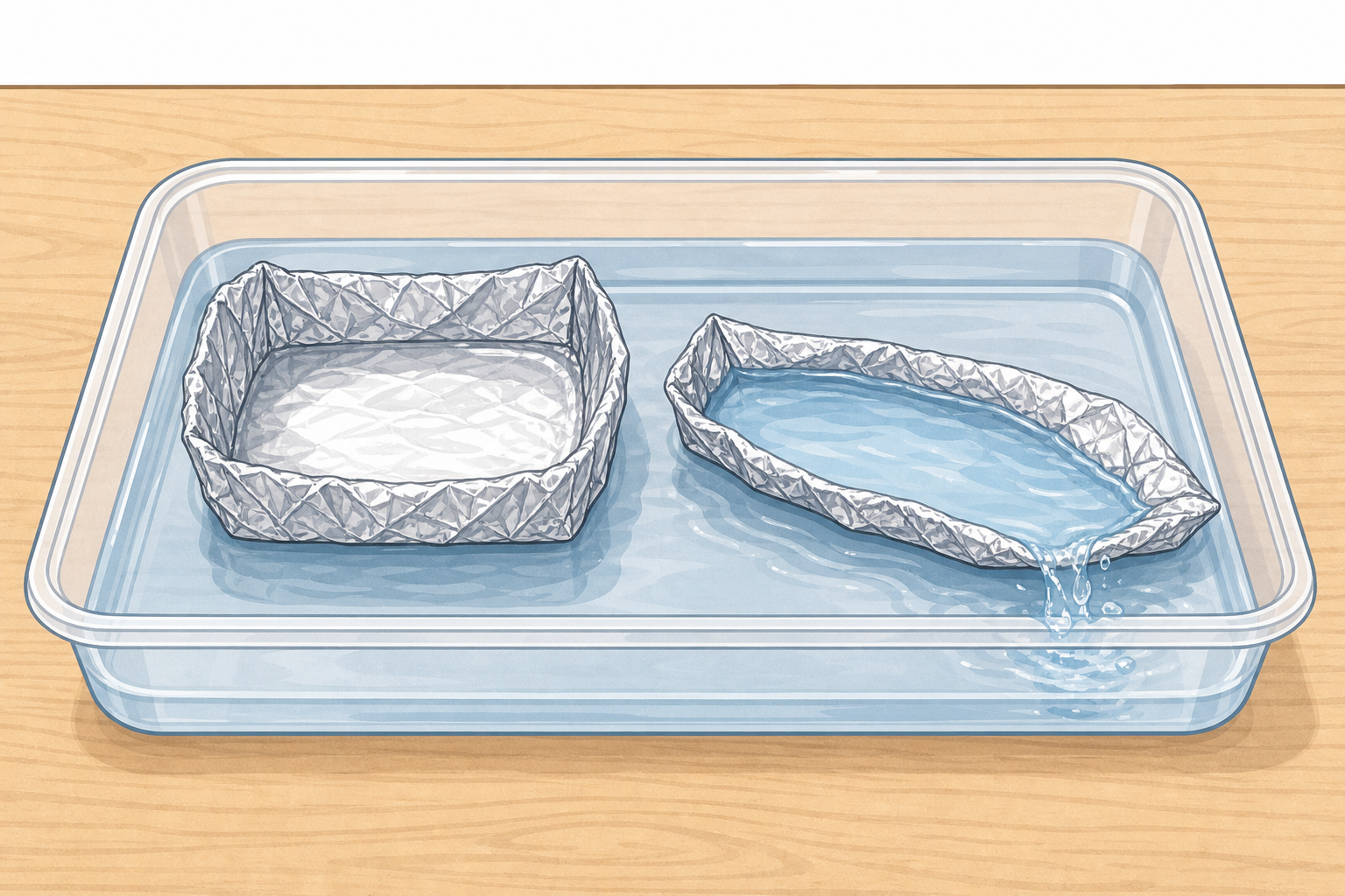 High pinched sides stay dry; flat low edges let water in