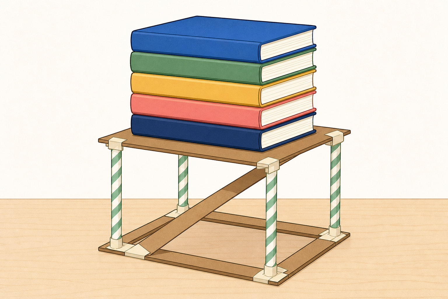 The real thing the class will load today: a braced build holding books