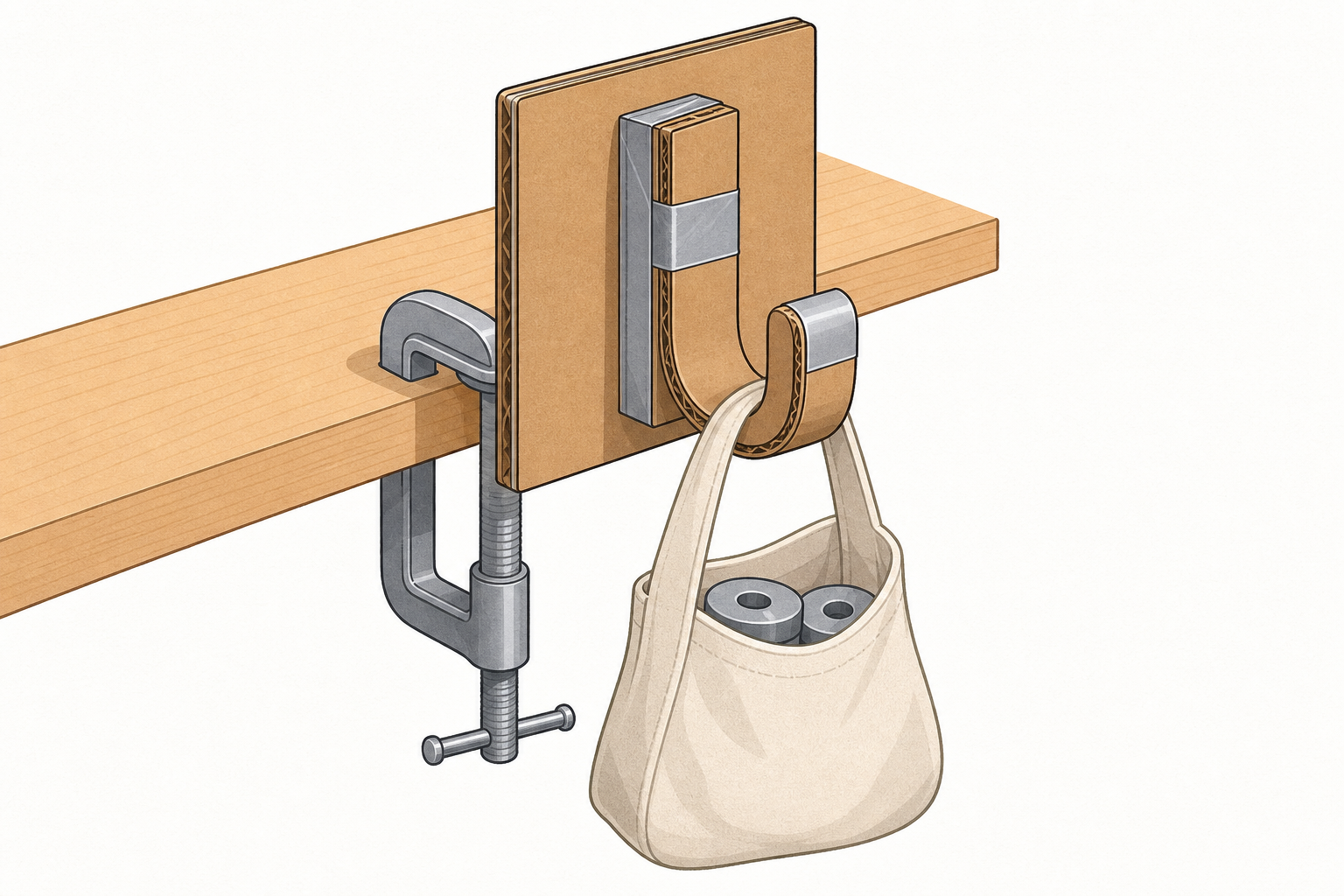 Load test set-up: hook clamped to a board with weighted bag hanging