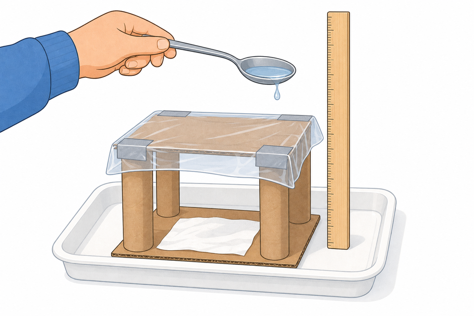 Shelter test apparatus: water poured from a fixed height onto a dry tissue