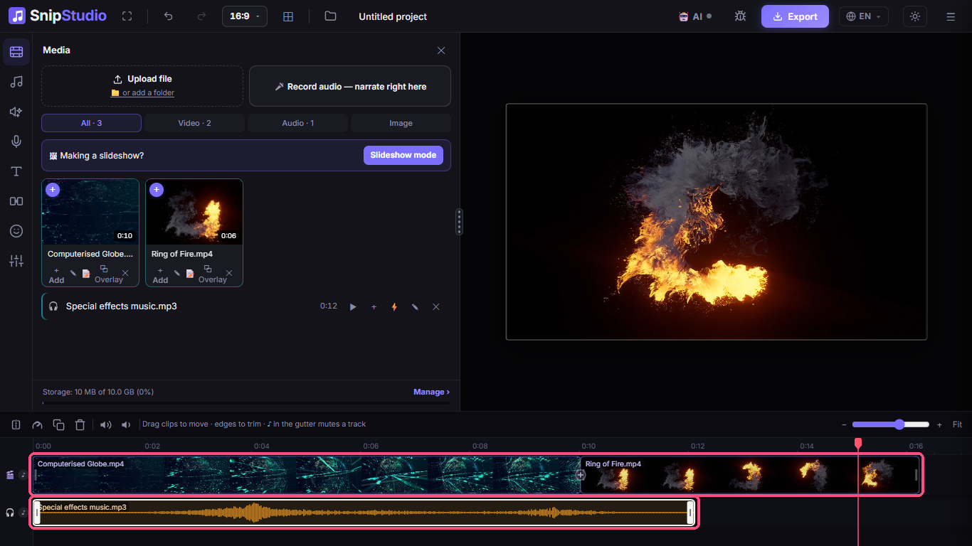 The Snip Studio timeline: two clips in order on the video row, and the music on its own row underneath