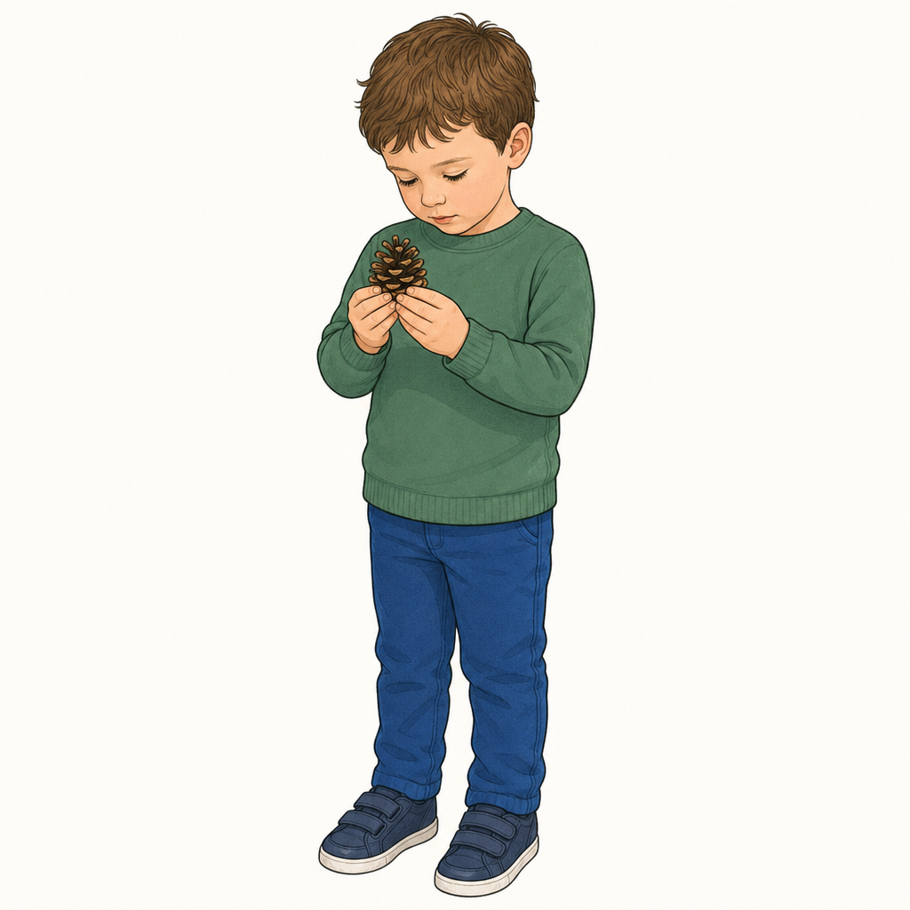 A child aged 4 to 5 standing still and looking closely at a pine cone held in both hands, on a plain background.