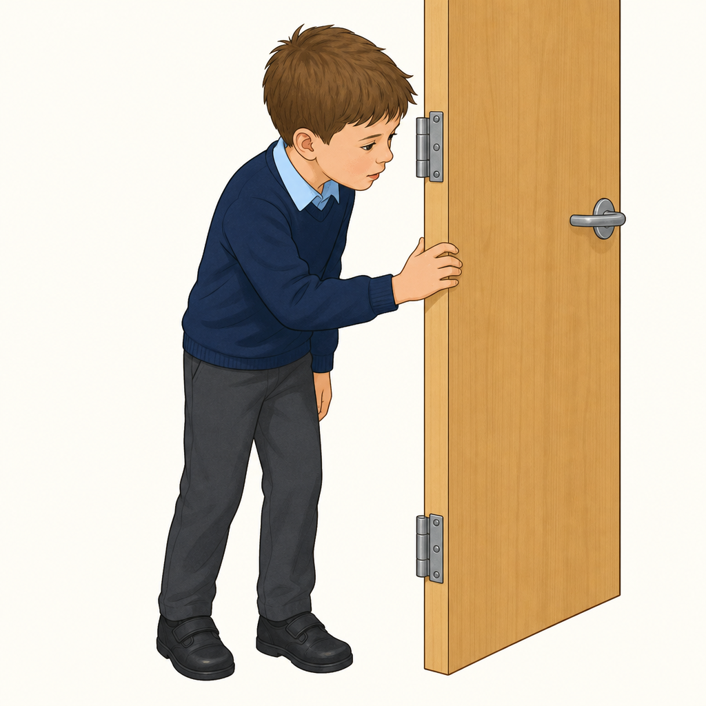 A child aged 6 to 7 gently swinging a classroom door and looking closely at its hinge, curious about how it opens and shuts, on a plain background.