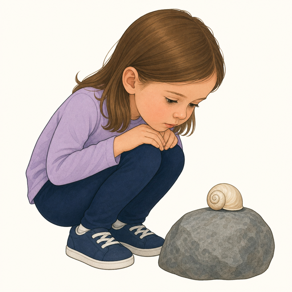 A girl aged 5 crouching down and looking very carefully at a cream snail shell resting on a grey stone, plain pale background.