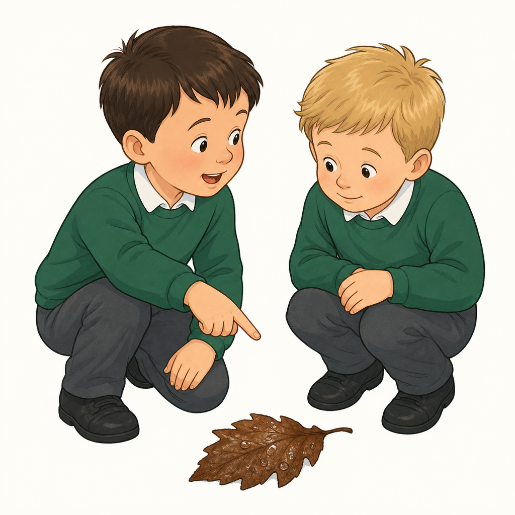 A child aged 4 to 5 pointing at a wet leaf and speaking to a friend beside them, on a plain background.