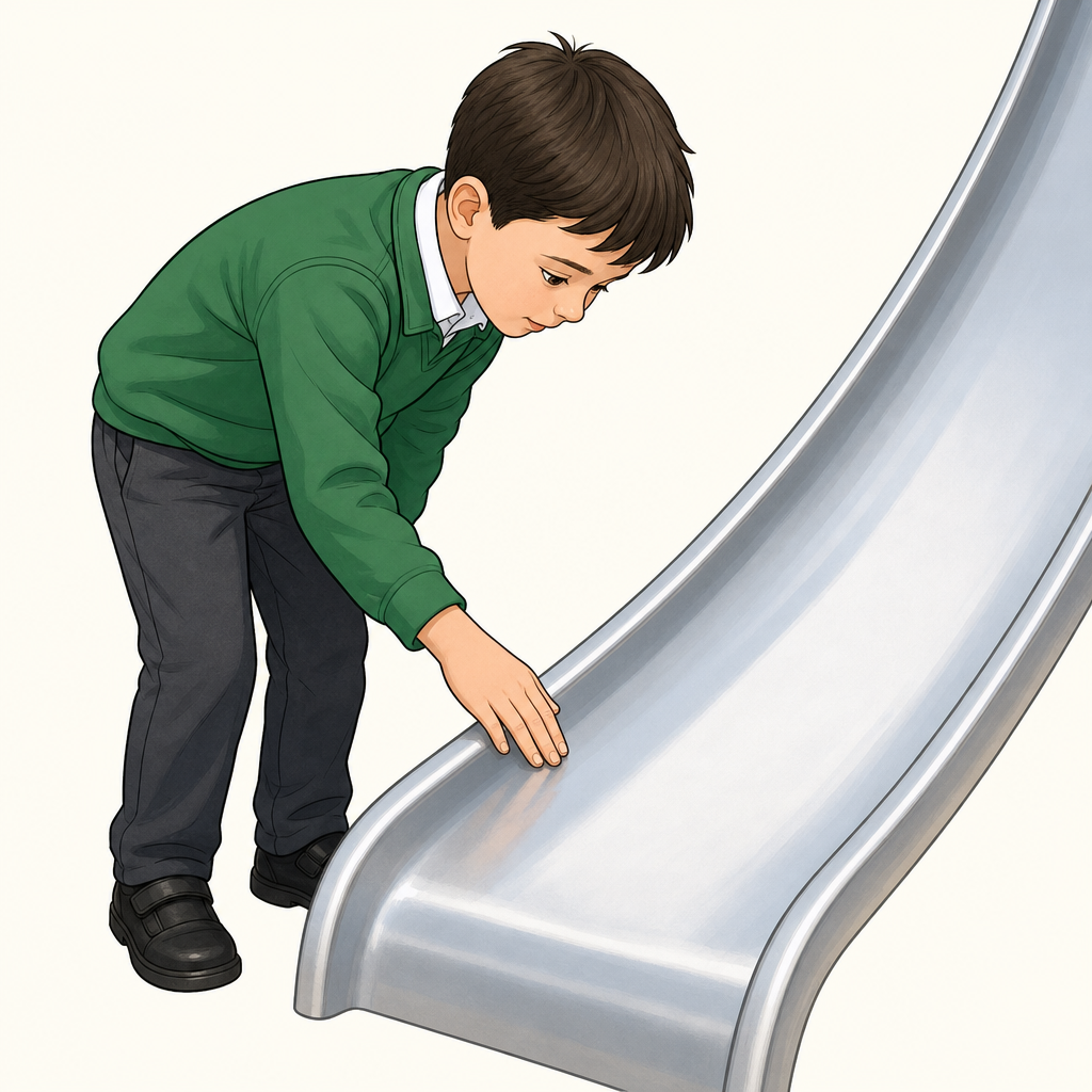 A child aged 6 to 7 running their fingertips along a smooth, shiny playground slide and looking at it closely, on a plain background.