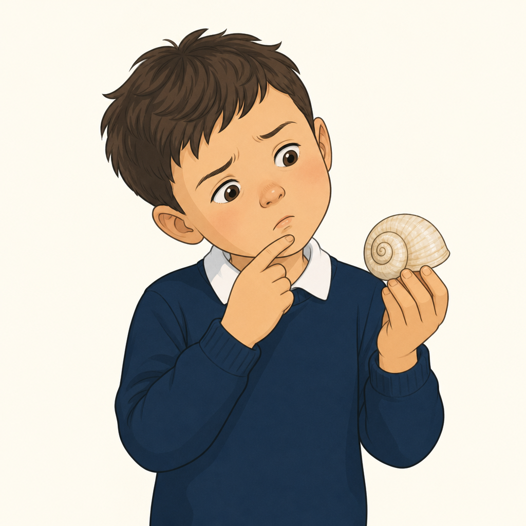 A boy aged 5 holding a cream snail shell, head tilted and a finger on his chin, with a curious, puzzled face, plain pale background.