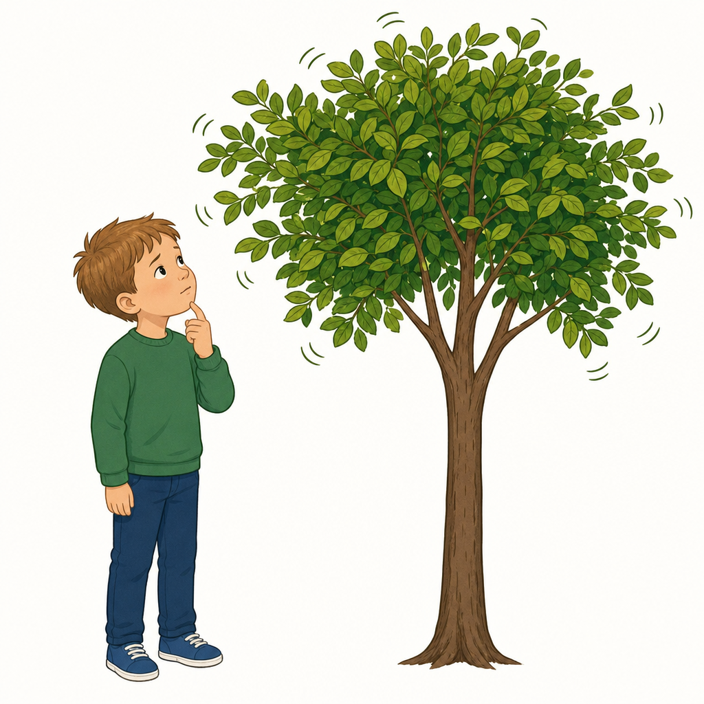 A child aged 6 to 7 looking up at the wiggling leaves of a tree with a puzzled, curious face, one finger on their chin, on a plain background.