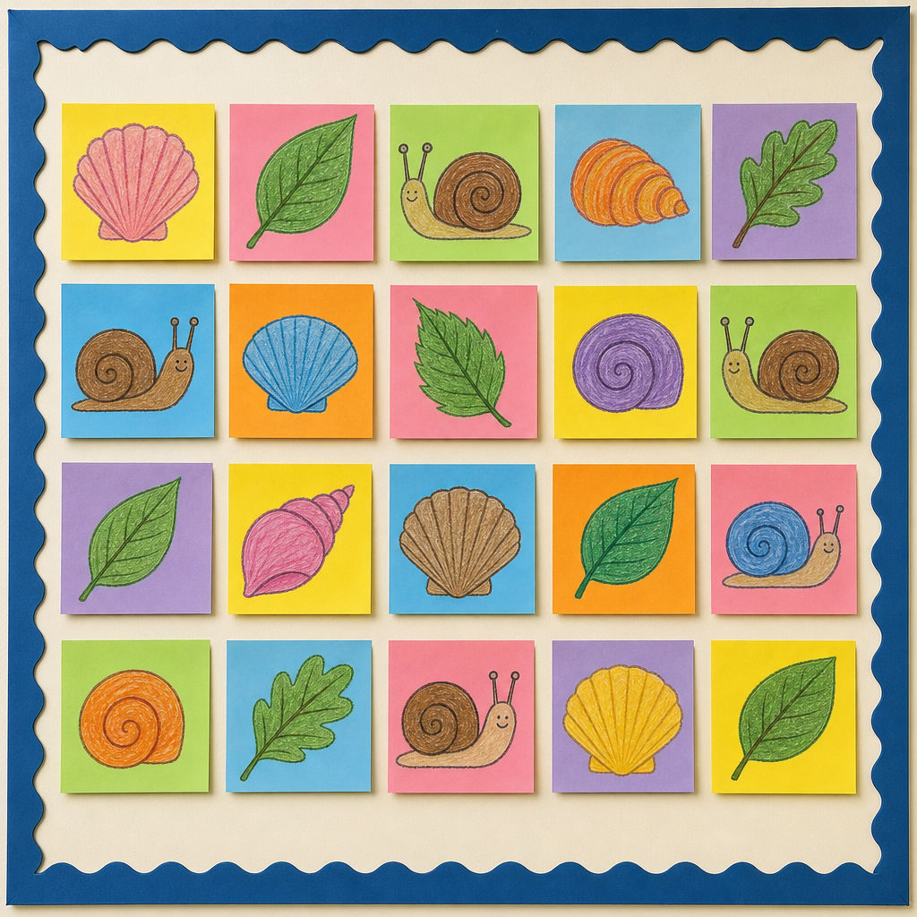 A classroom noticeboard covered in bright square sticky notes, each with a child's simple crayon drawing of a shell, a leaf or a snail.