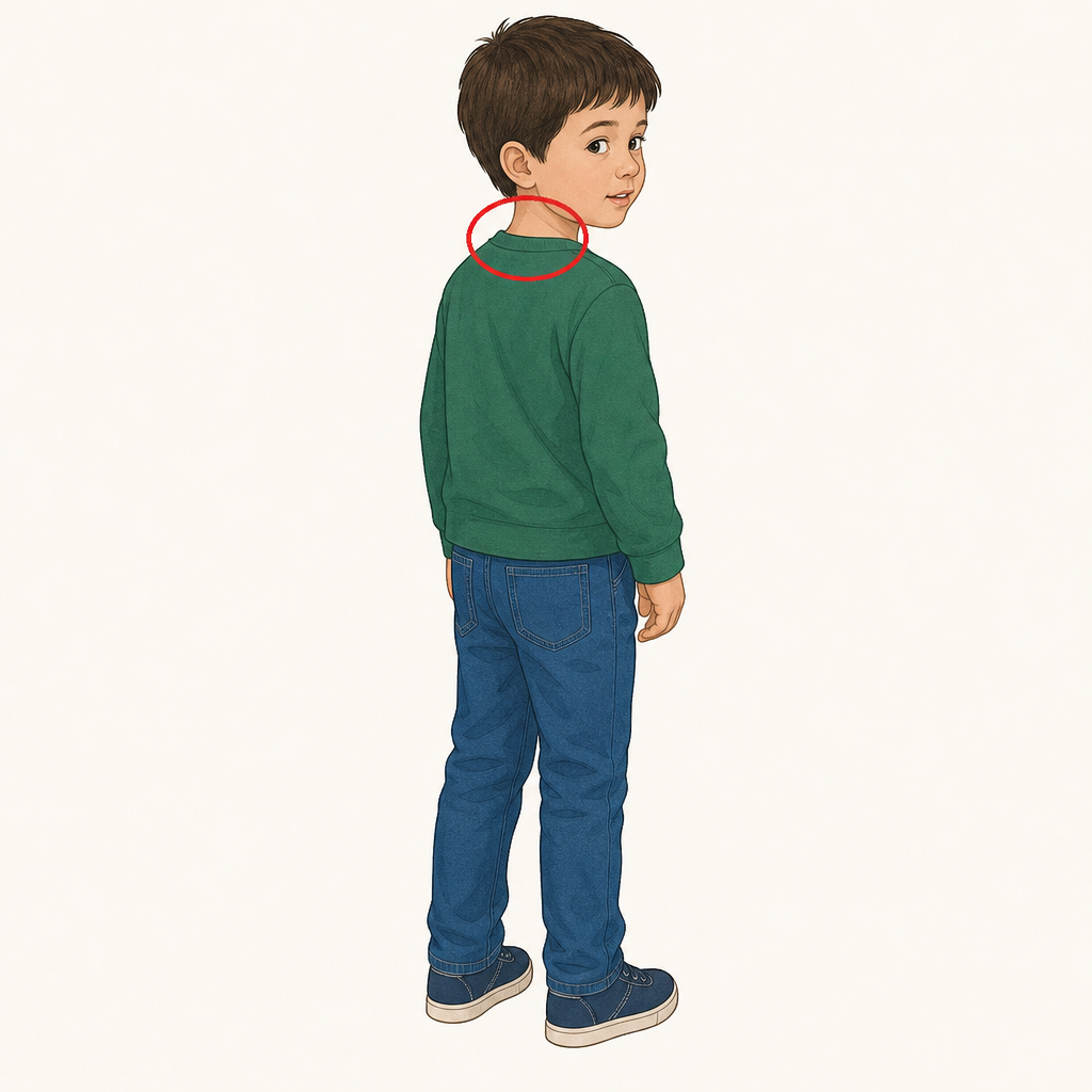 A whole child aged 5 on a plain background, turning their head to look over one shoulder, with a bright coloured circle drawn round the neck.