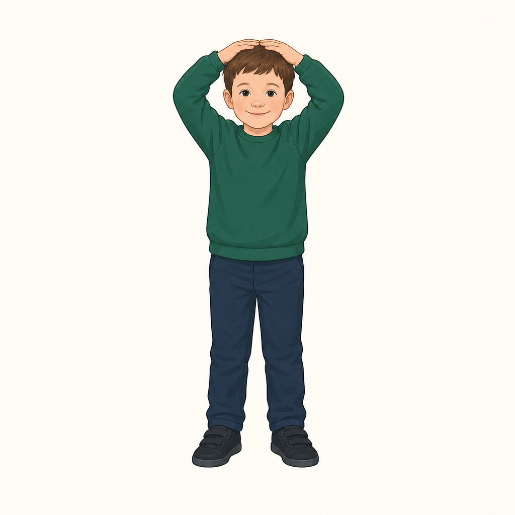 A child aged 4 to 5, whole body in view, standing front on with both hands resting flat on top of their head, on a plain background.