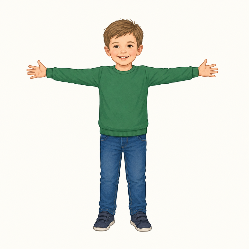 A child aged 4 to 5, whole body in view, standing front on with both arms stretched out wide to the sides, on a plain background.