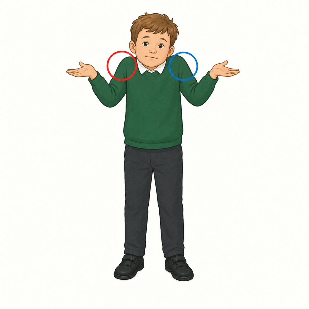 A whole child aged 5 on a plain background, shrugging both shoulders up high, with a bright coloured circle drawn round each shoulder.