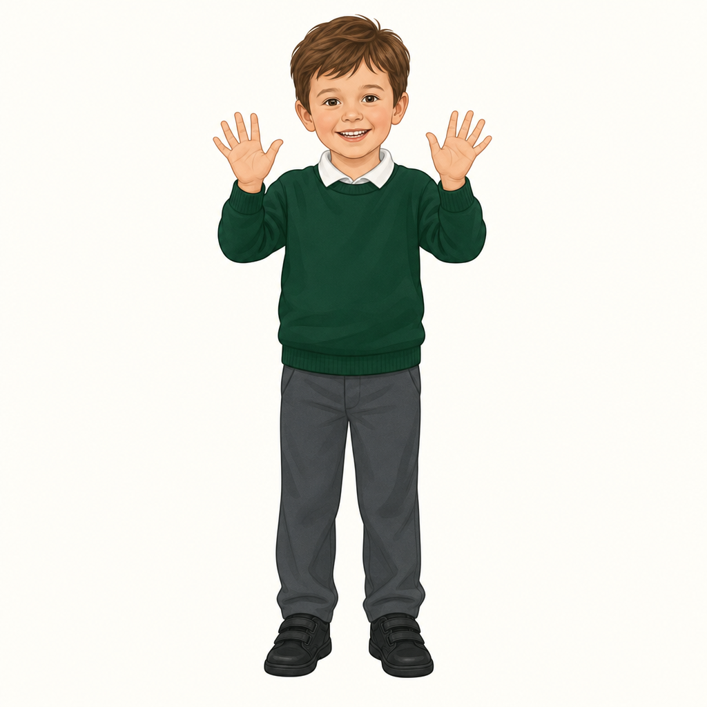 A child aged 4 to 5, whole body in view, standing front on and waving both open hands in front of them, on a plain background.